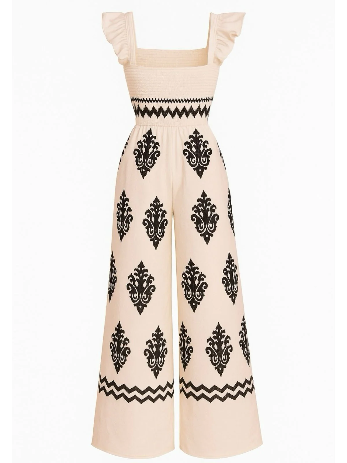 1970s Boho Geometric Print Square Neck Jumpsuit - Image 7