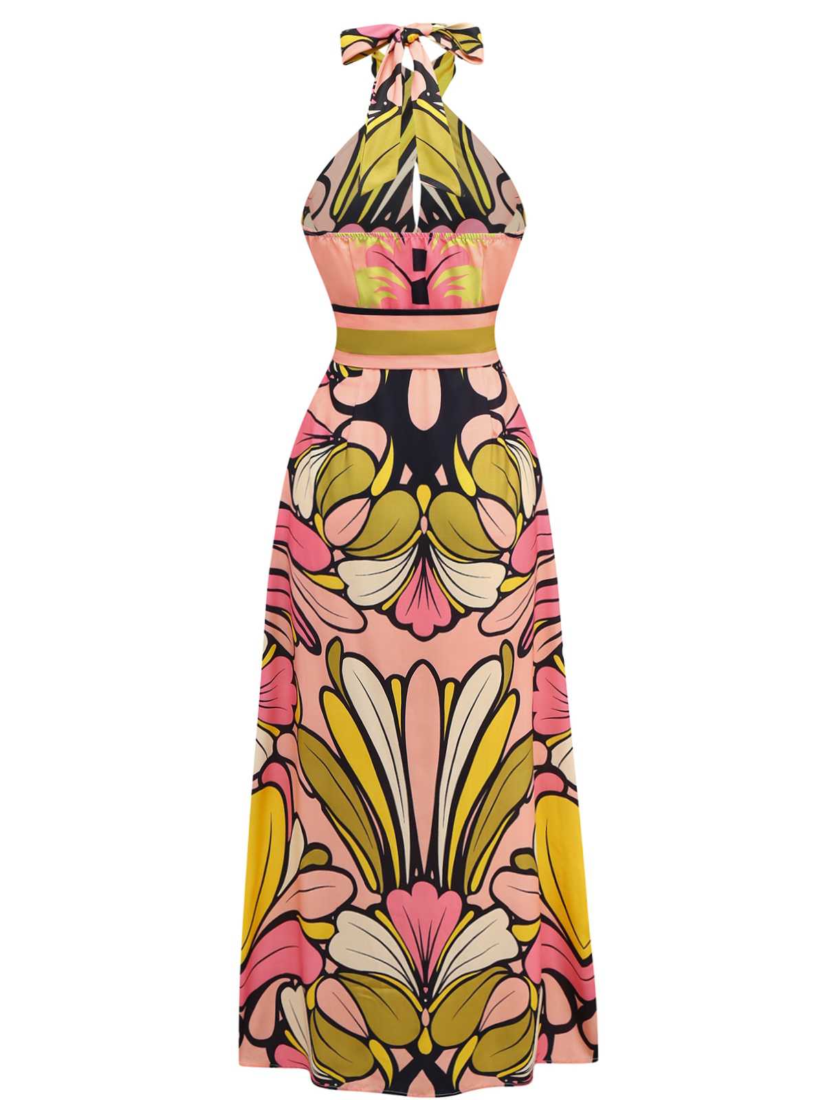 1970s Boho Halter Floral Belted Backless Dress - Image 2