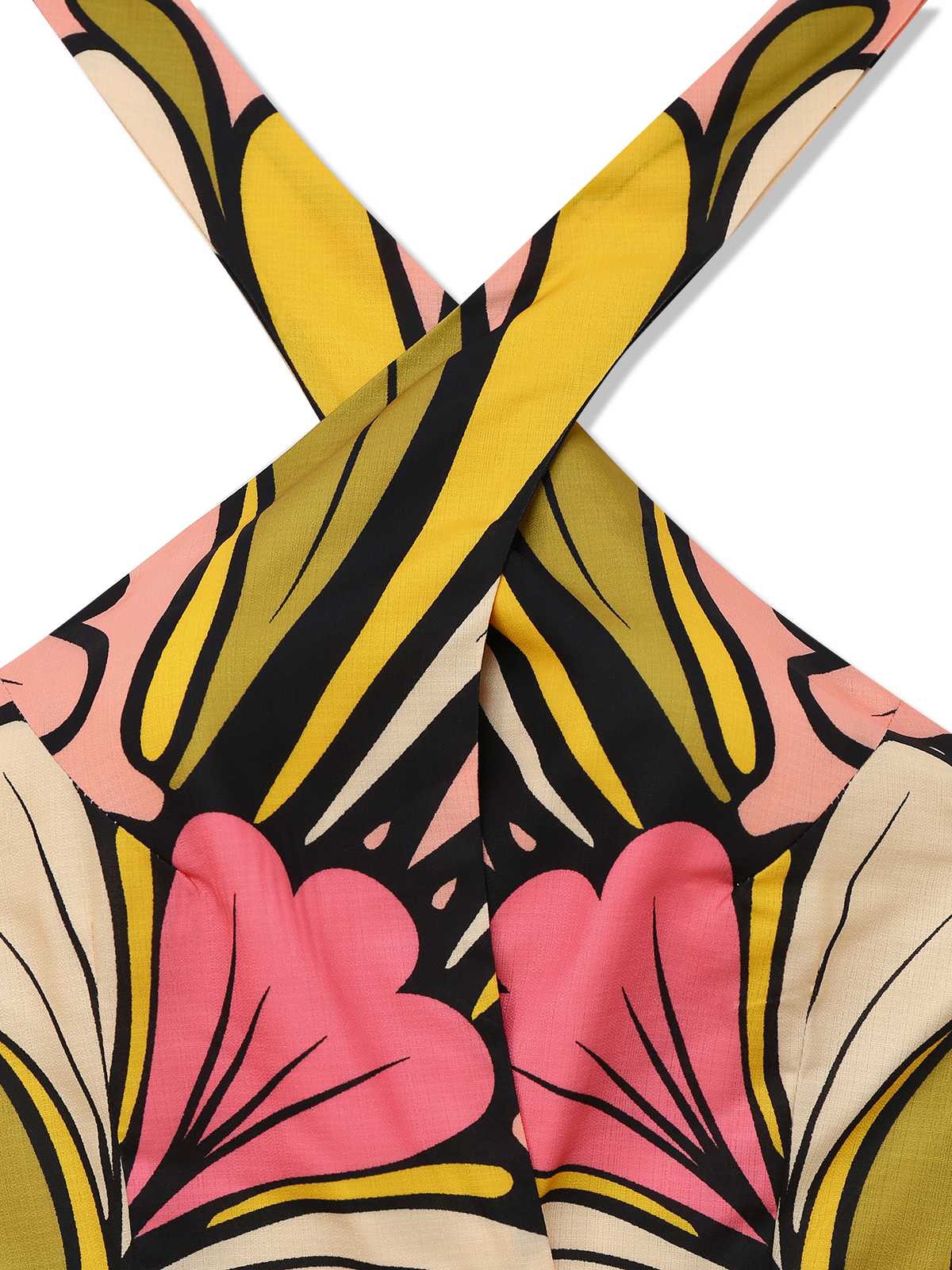 1970s Boho Halter Floral Belted Backless Dress - Image 3