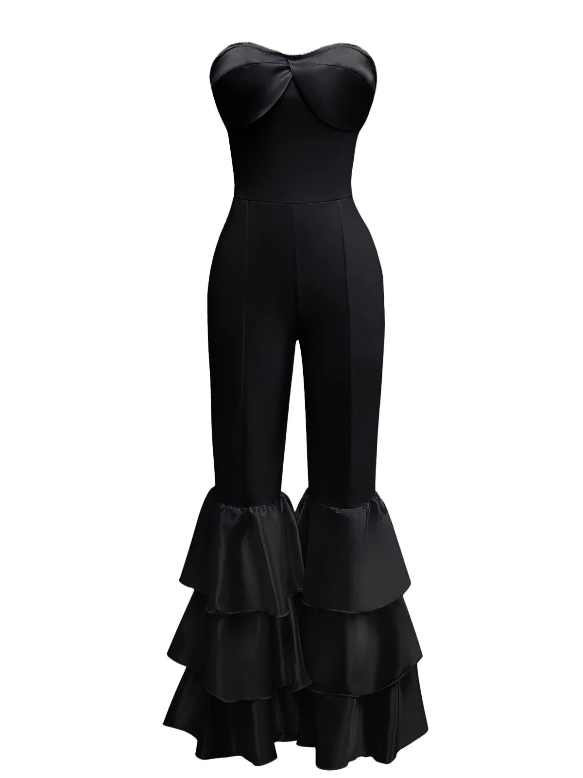 1970s Boho Strapless Solid Pleated Ruffle Jumpsuit - Image 6