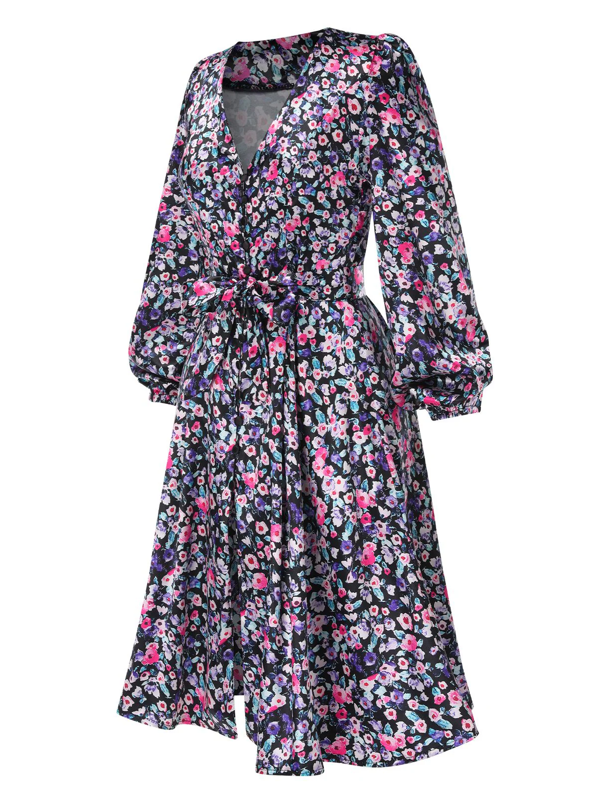 1970s Boho Style Button Satin Puff Dress - Image 2