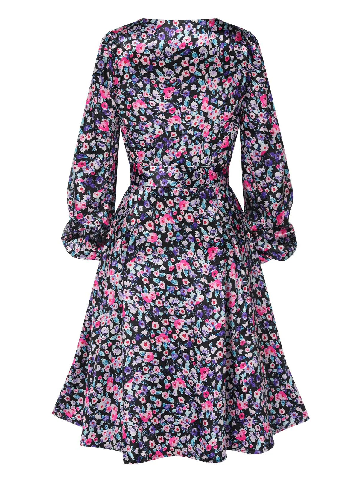 1970s Boho Style Button Satin Puff Dress - Image 3