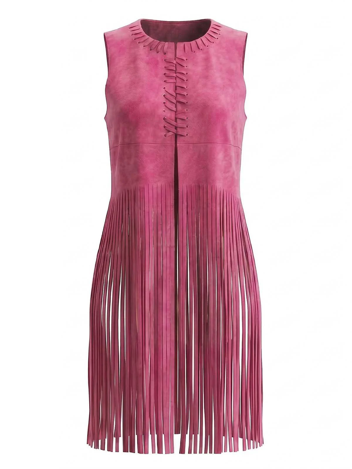 1970s Boho Western Cowgirl Faux Suede Fringe Long Vest - Image 10