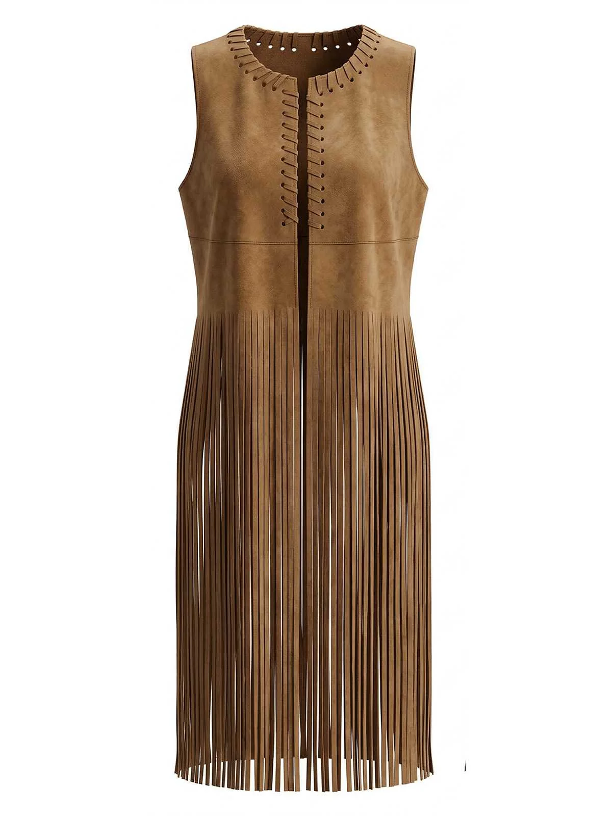 1970s Boho Western Cowgirl Faux Suede Fringe Long Vest - Image 2