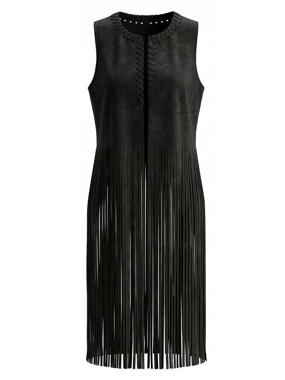 1970s Boho Western Cowgirl Faux Suede Fringe Long Vest - Image 8