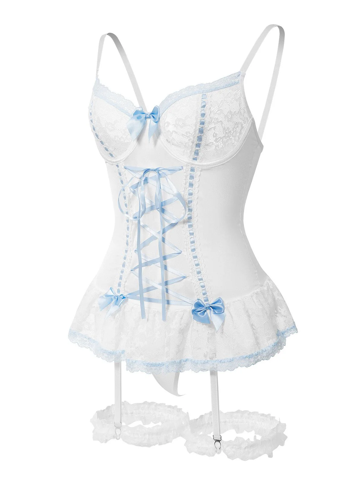 1970s Contrasted Lace Mesh Bow Lace-Up Lingerie Set - Image 11