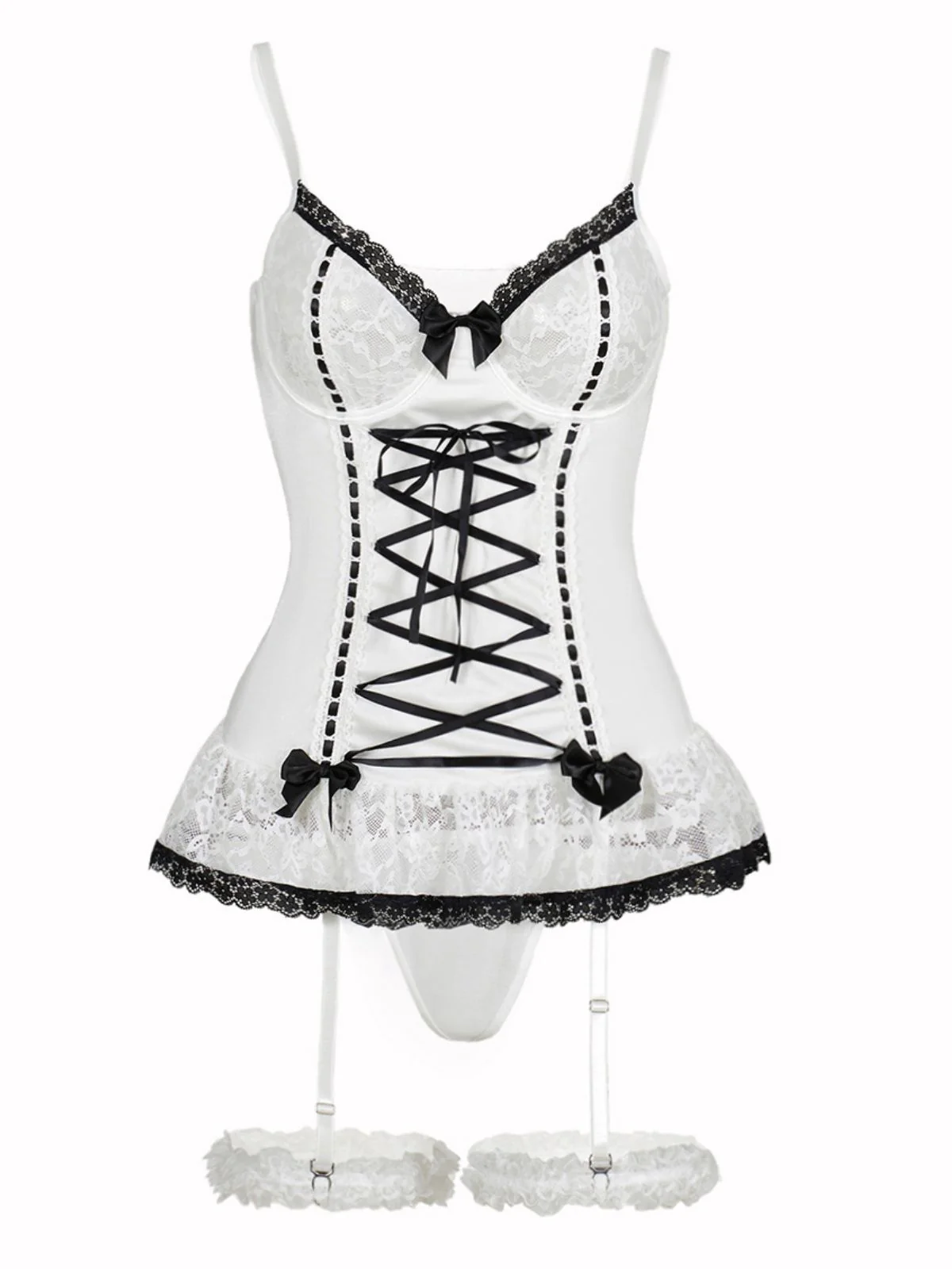 1970s Contrasted Lace Mesh Bow Lace-Up Lingerie Set - Image 16