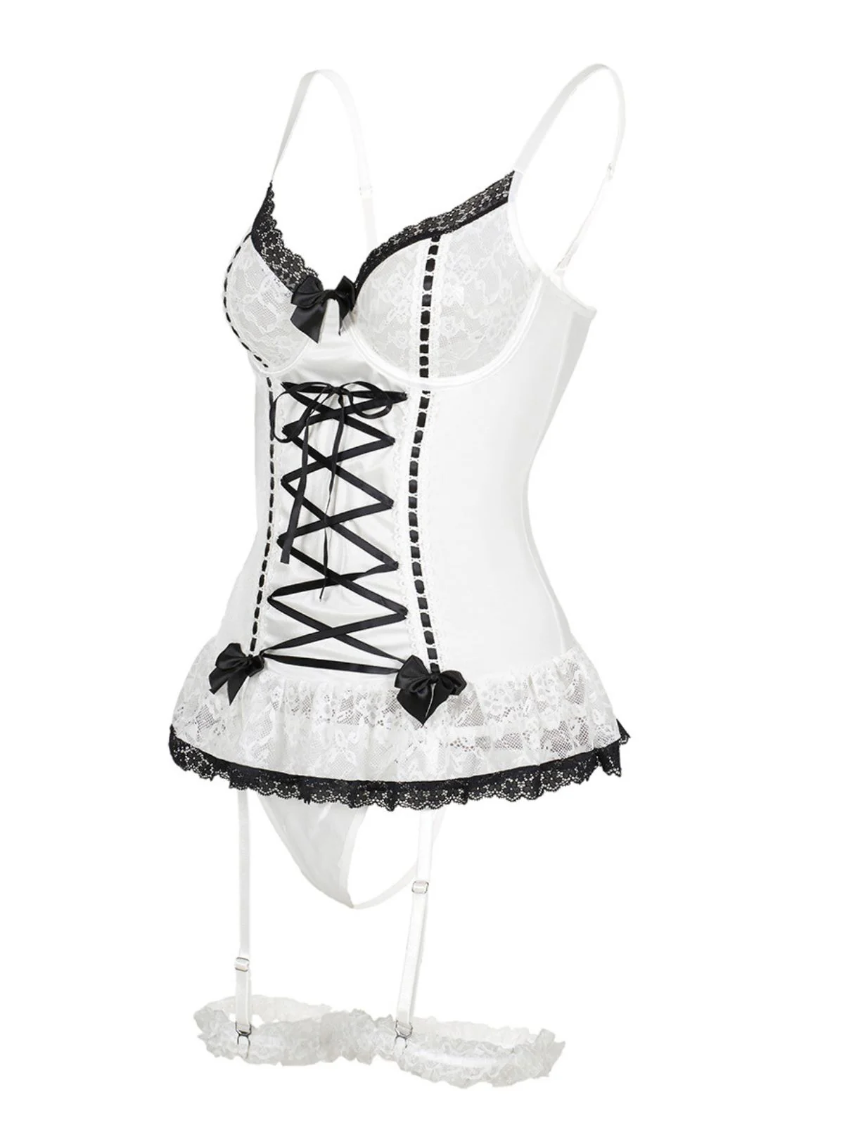 1970s Contrasted Lace Mesh Bow Lace-Up Lingerie Set - Image 17
