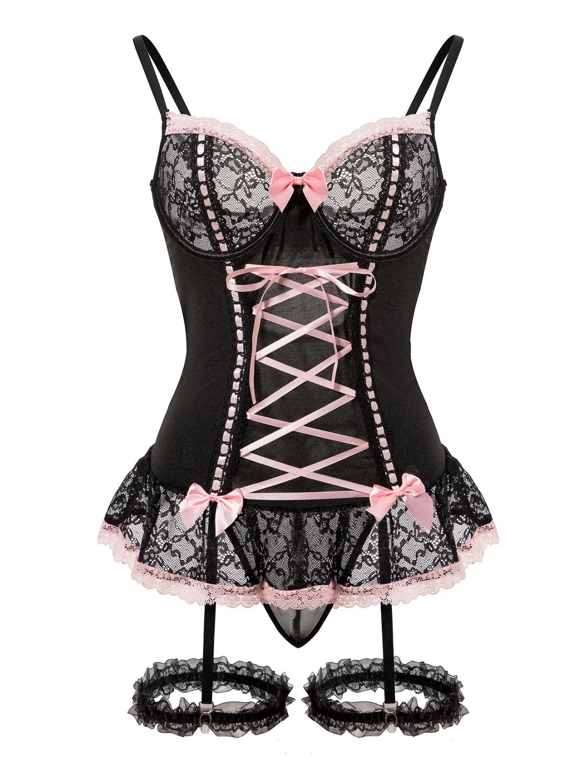 1970s Contrasted Lace Mesh Bow Lace-Up Lingerie Set - Image 2