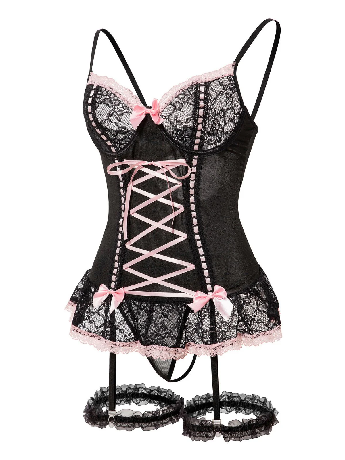 1970s Contrasted Lace Mesh Bow Lace-Up Lingerie Set - Image 3