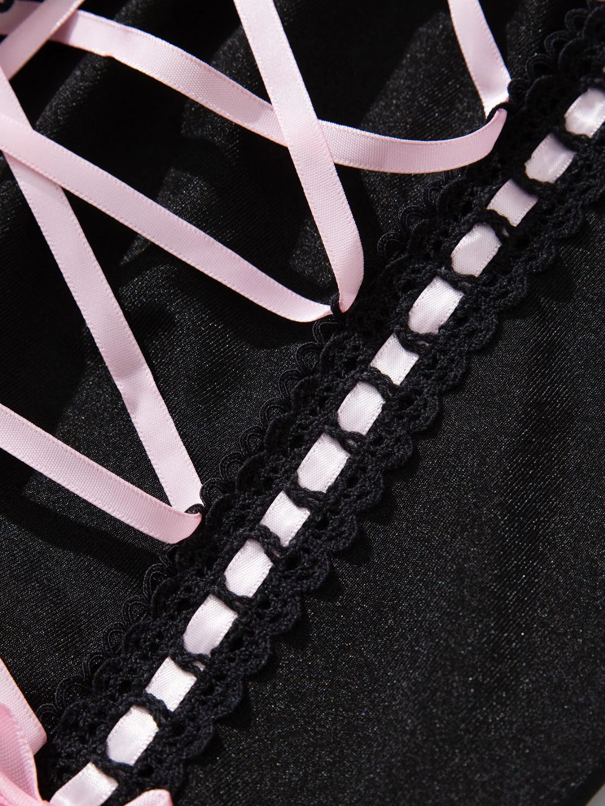 1970s Contrasted Lace Mesh Bow Lace-Up Lingerie Set - Image 5