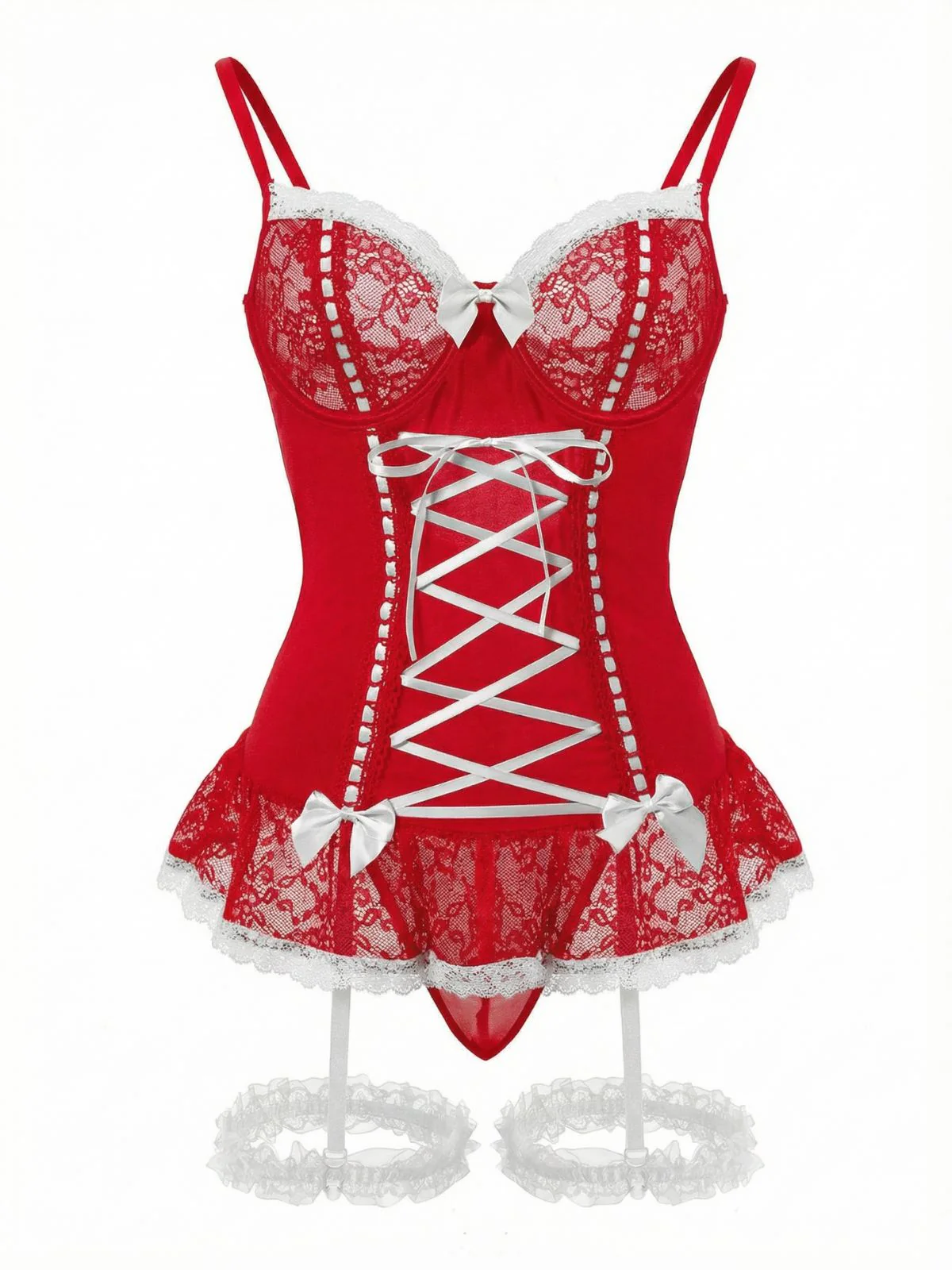 1970s Contrasted Lace Mesh Bow Lace-Up Lingerie Set - Image 8