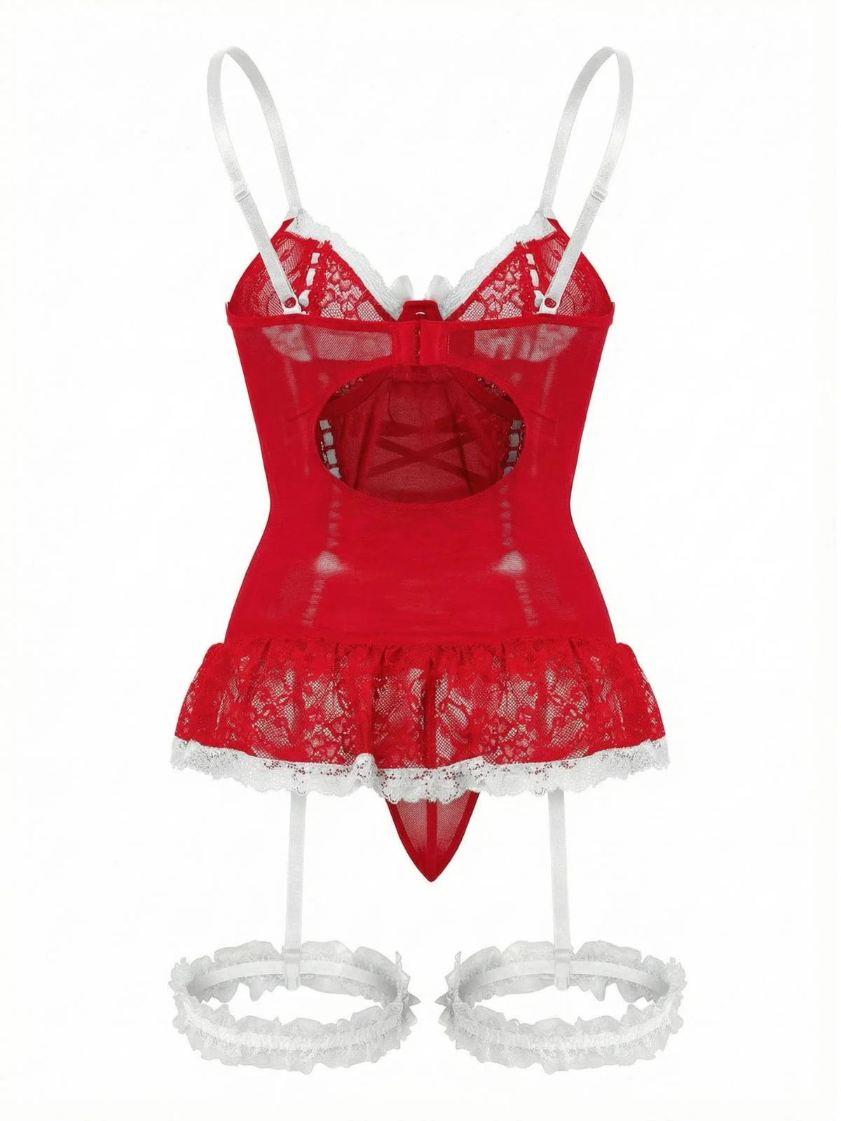 1970s Contrasted Lace Mesh Bow Lace-Up Lingerie Set - Image 9