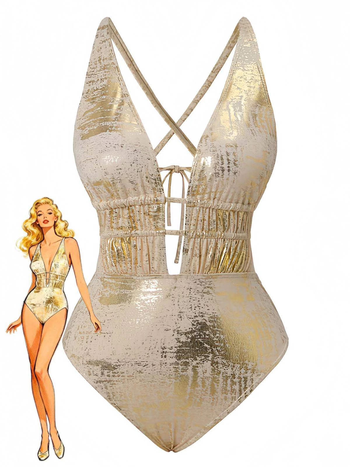 1970s Deep V Halter Distressed Textured One-Piece Swimsuit