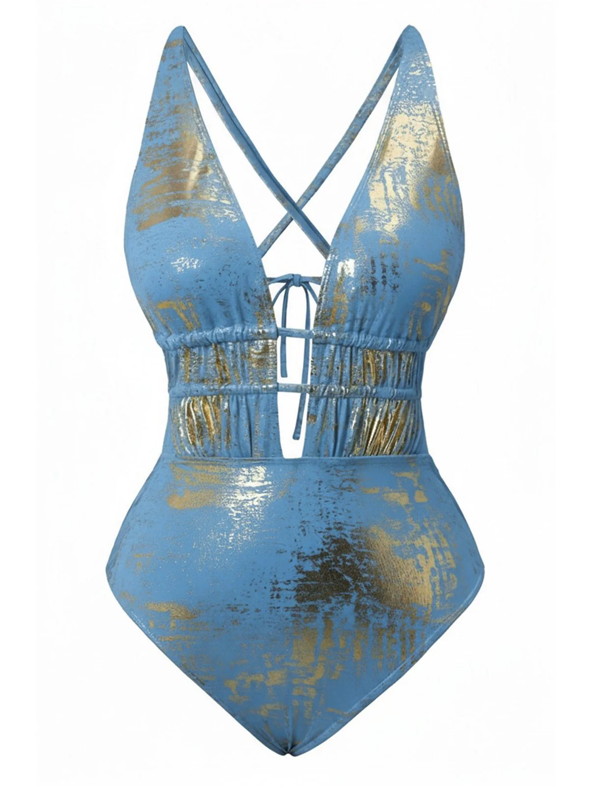 1970s Deep V Halter Distressed Textured One-Piece Swimsuit - Image 11