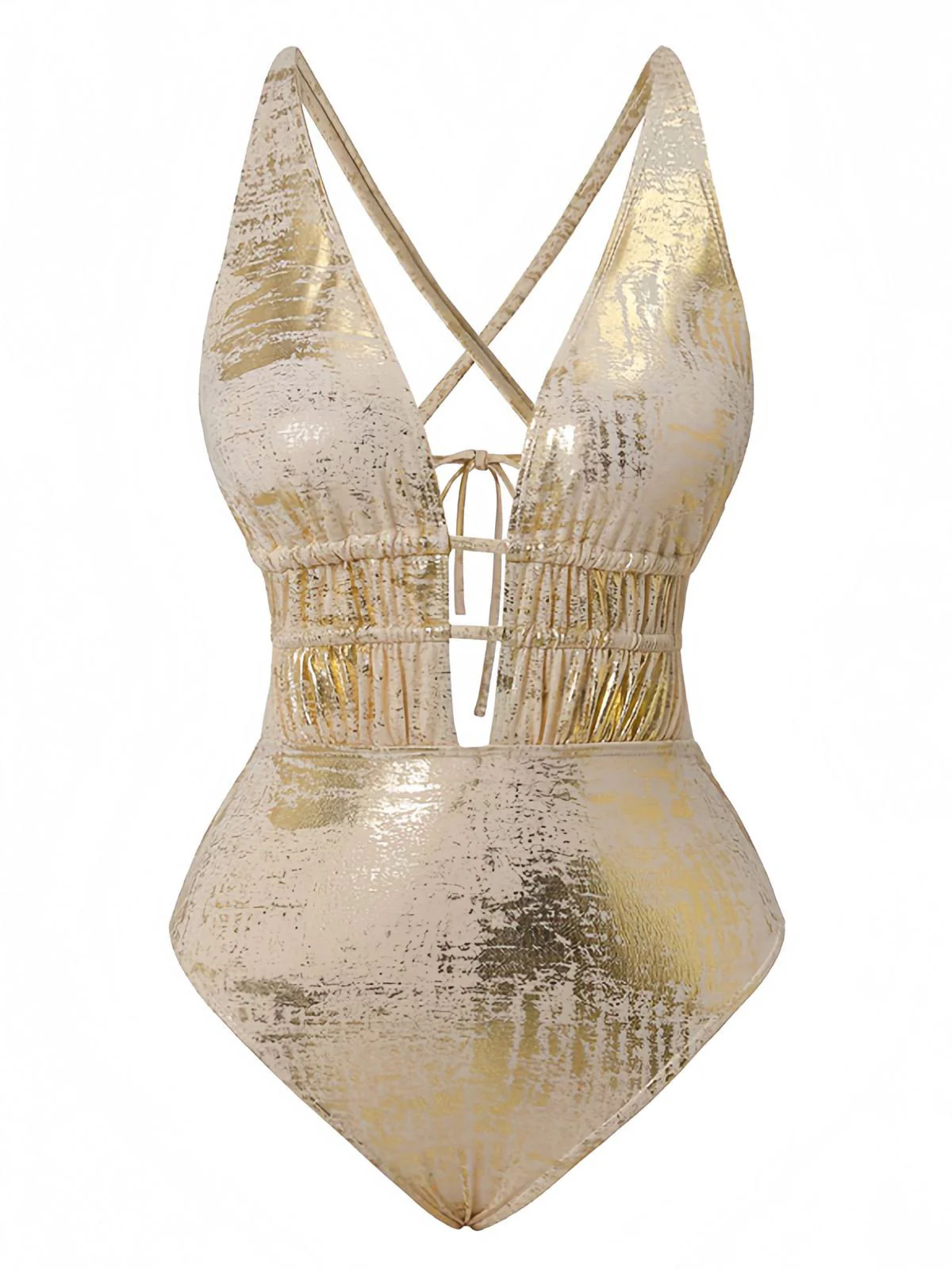 1970s Deep V Halter Distressed Textured One-Piece Swimsuit - Image 2