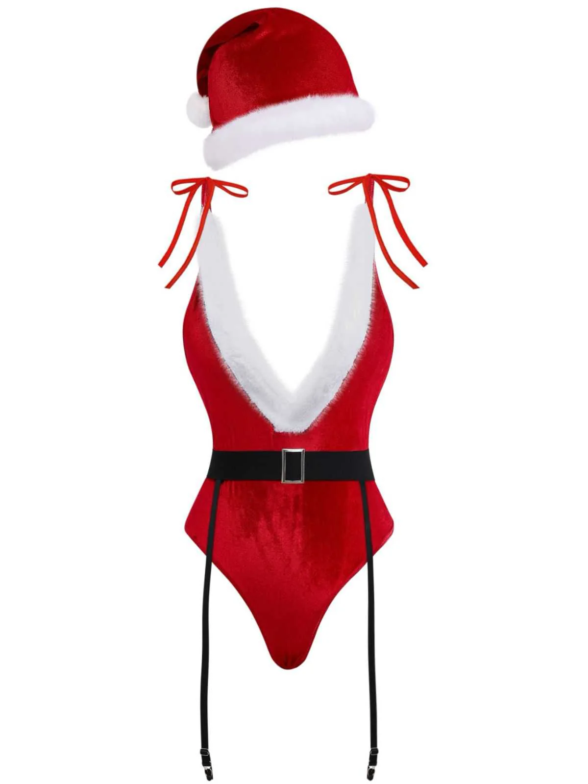 1970s Deep V Velvet Christmas Plush Bodysuit With Hat - Image 2