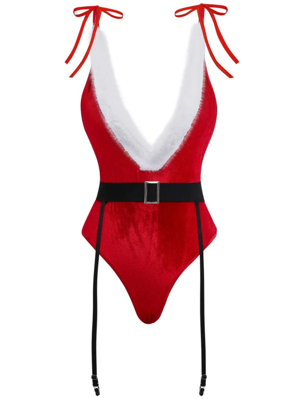 1970s Deep V Velvet Christmas Plush Bodysuit With Hat - Image 3