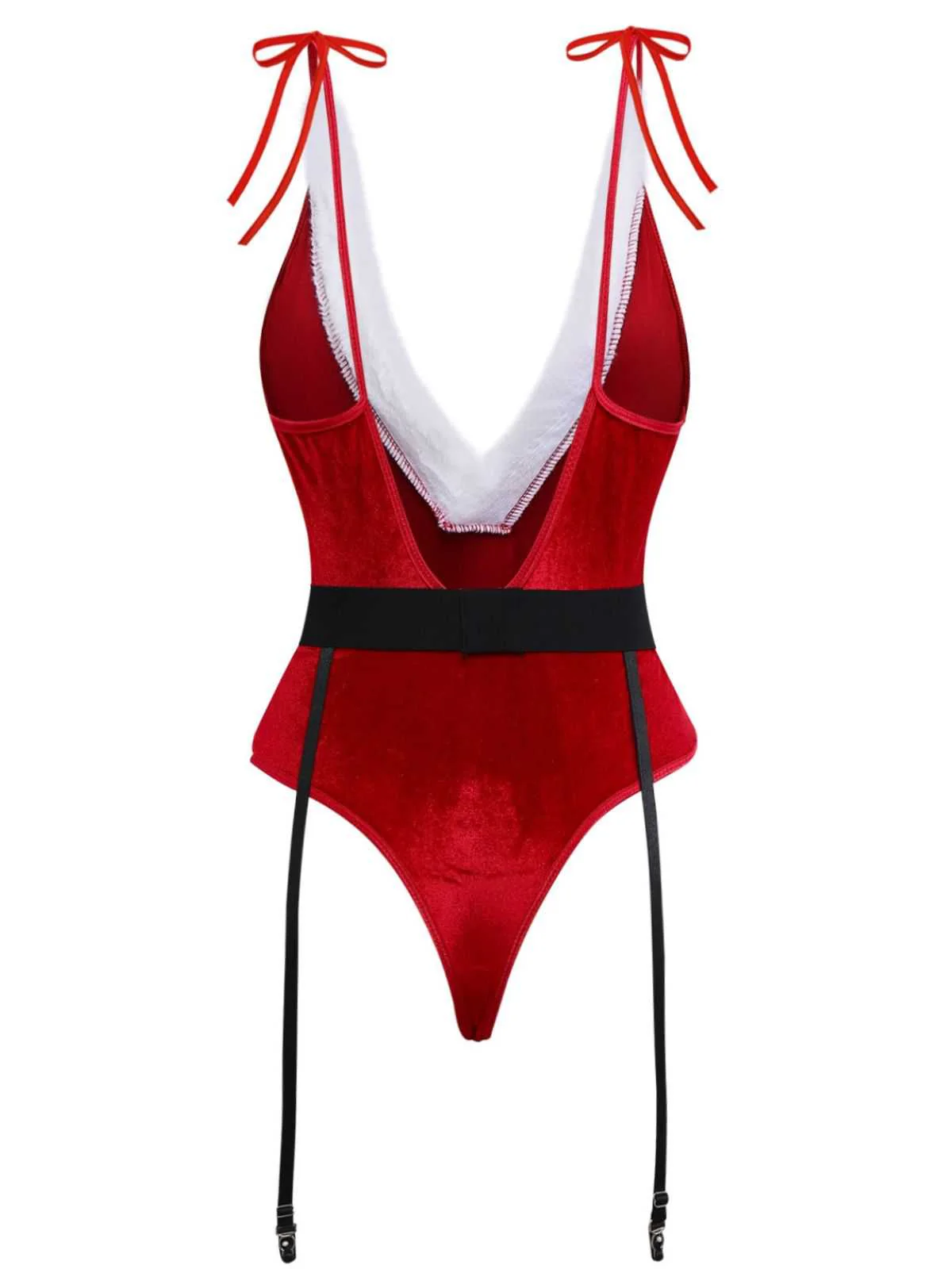 1970s Deep V Velvet Christmas Plush Bodysuit With Hat - Image 4