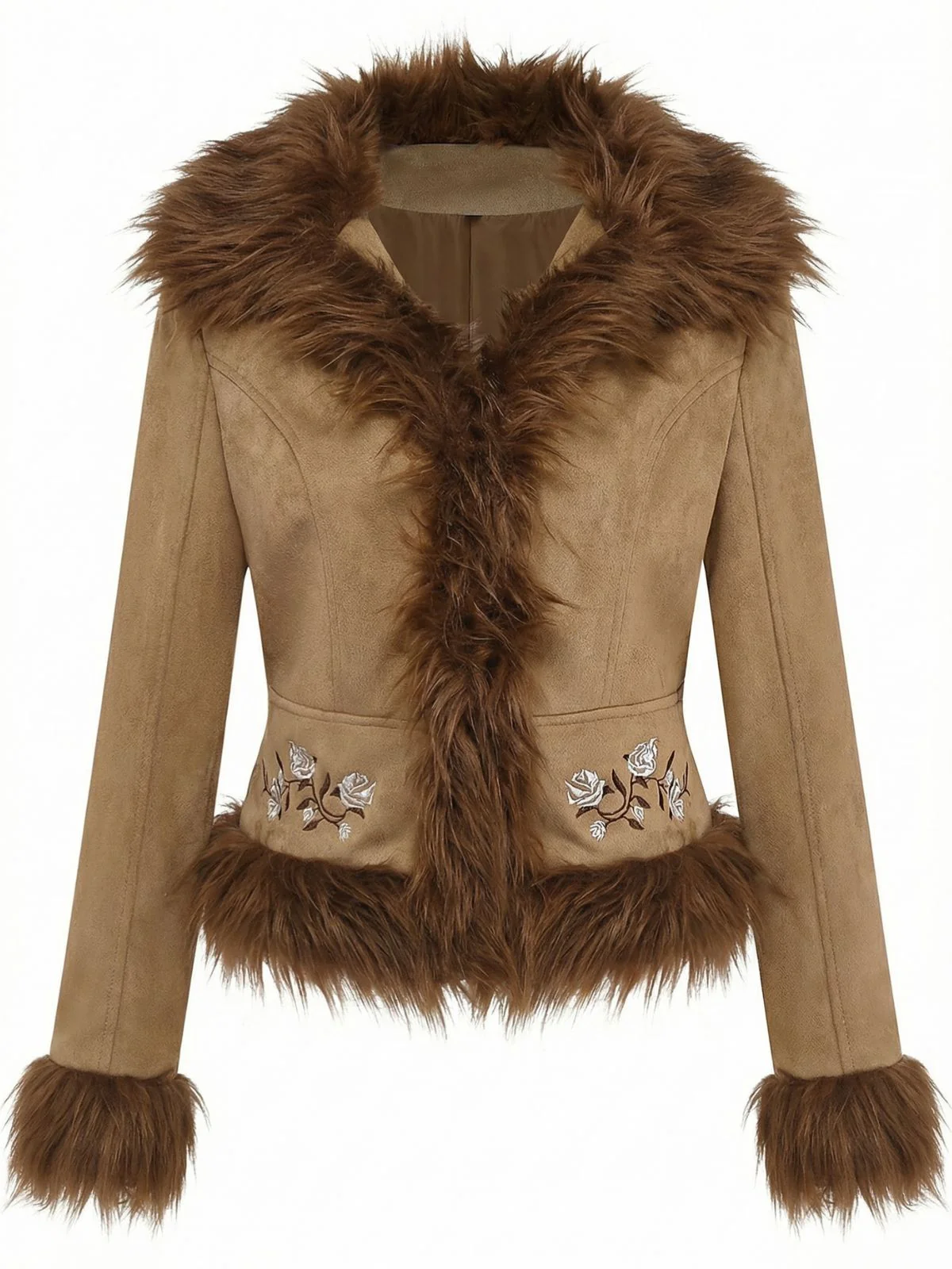 1970s Faux Suede Fur Trim Embroidered Rose Jacket - Image 2