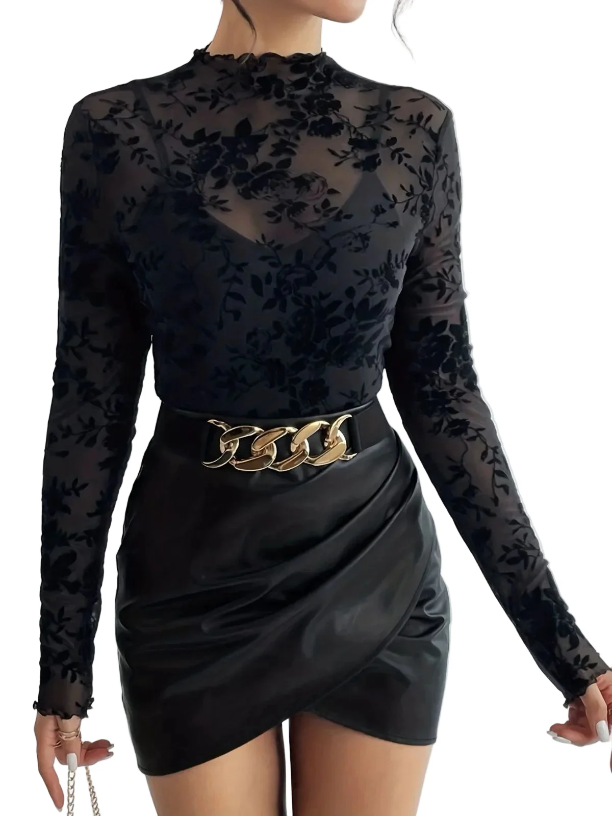 1970s Flocked Floral Mesh Half Turtleneck Slim Top