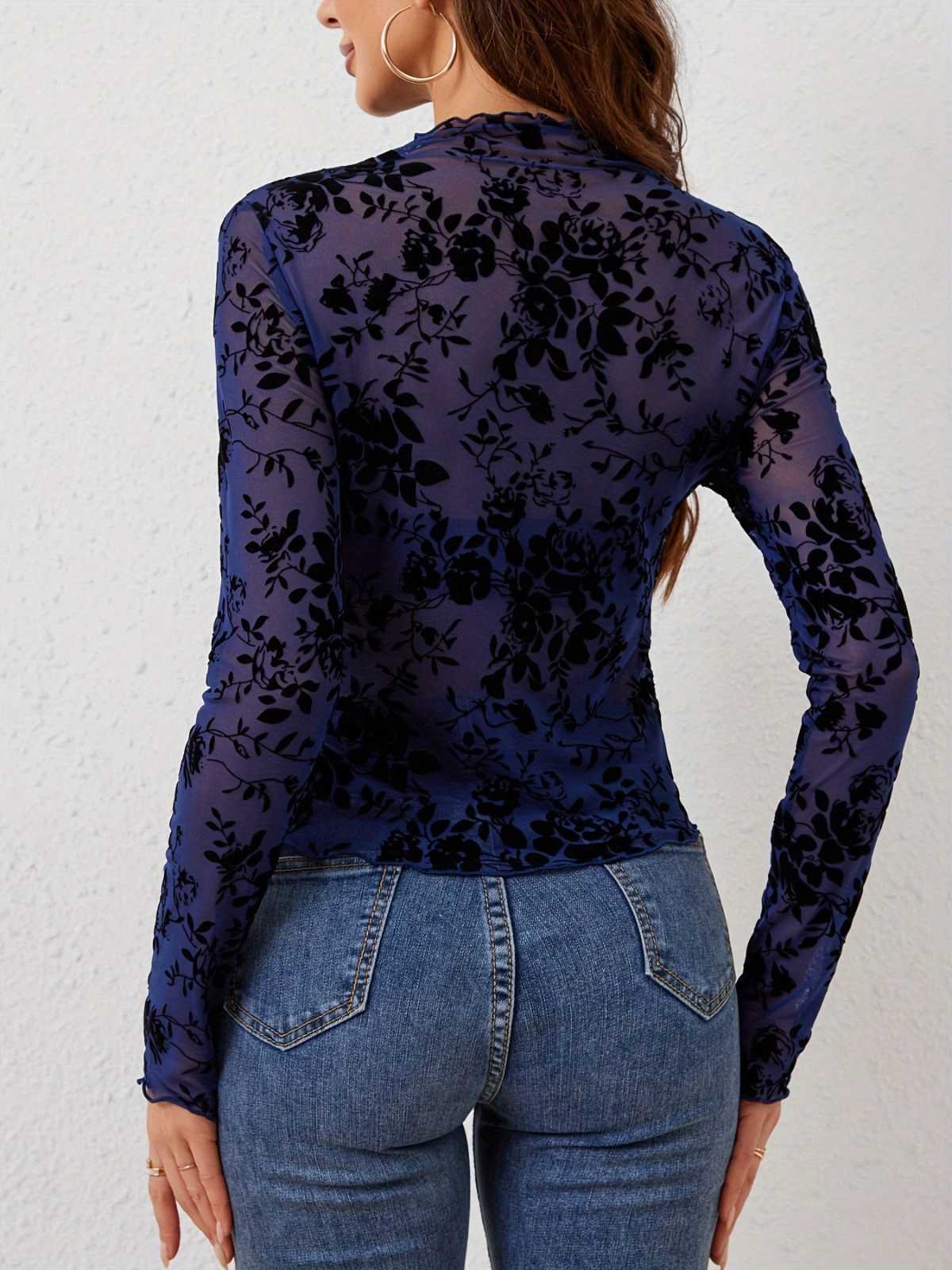 1970s Flocked Floral Mesh Half Turtleneck Slim Top - Image 6