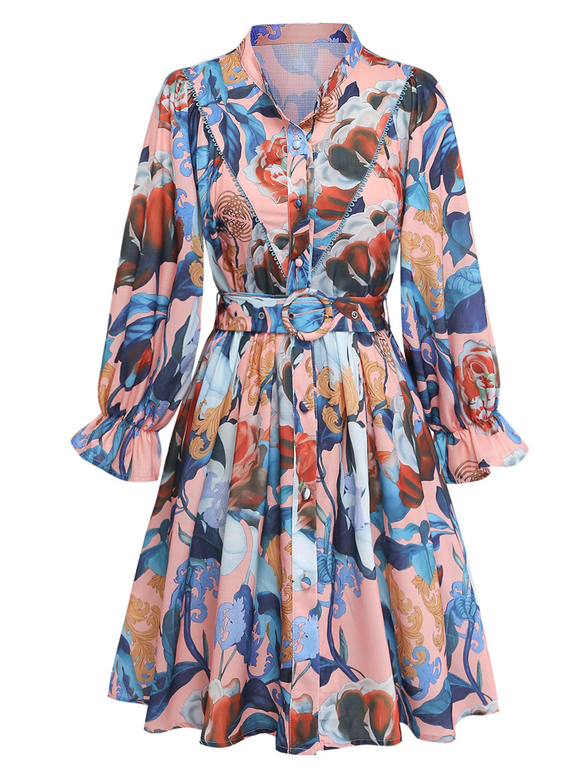 1970s Floral Lantern Sleeve Shirt Collar Belted Dress - Image 2