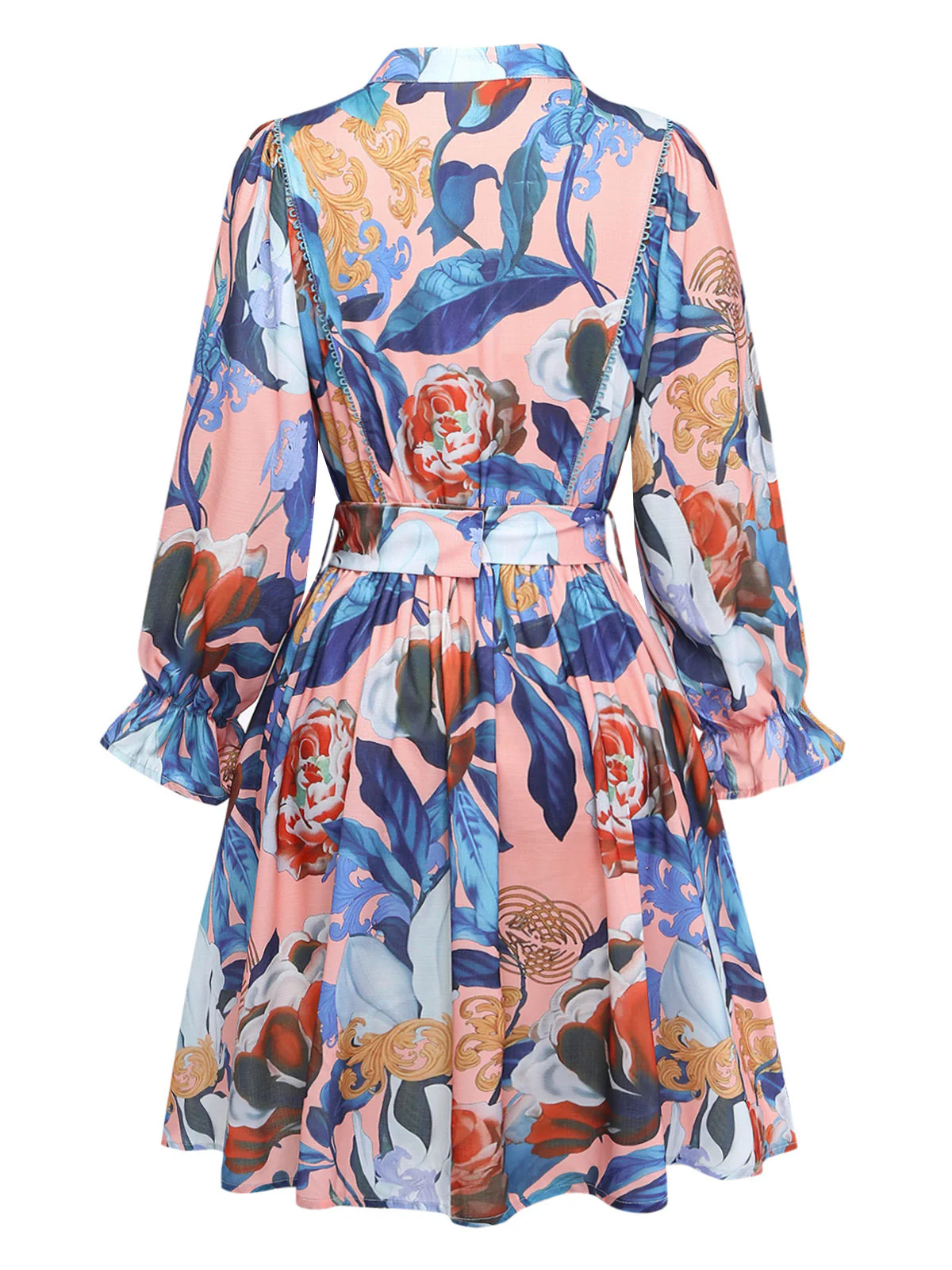 1970s Floral Lantern Sleeve Shirt Collar Belted Dress - Image 3
