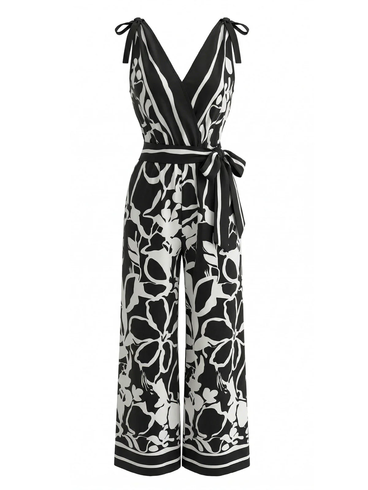 1970s Floral V-Neck Sleeveless Wide Leg Jumpsuit - Image 2