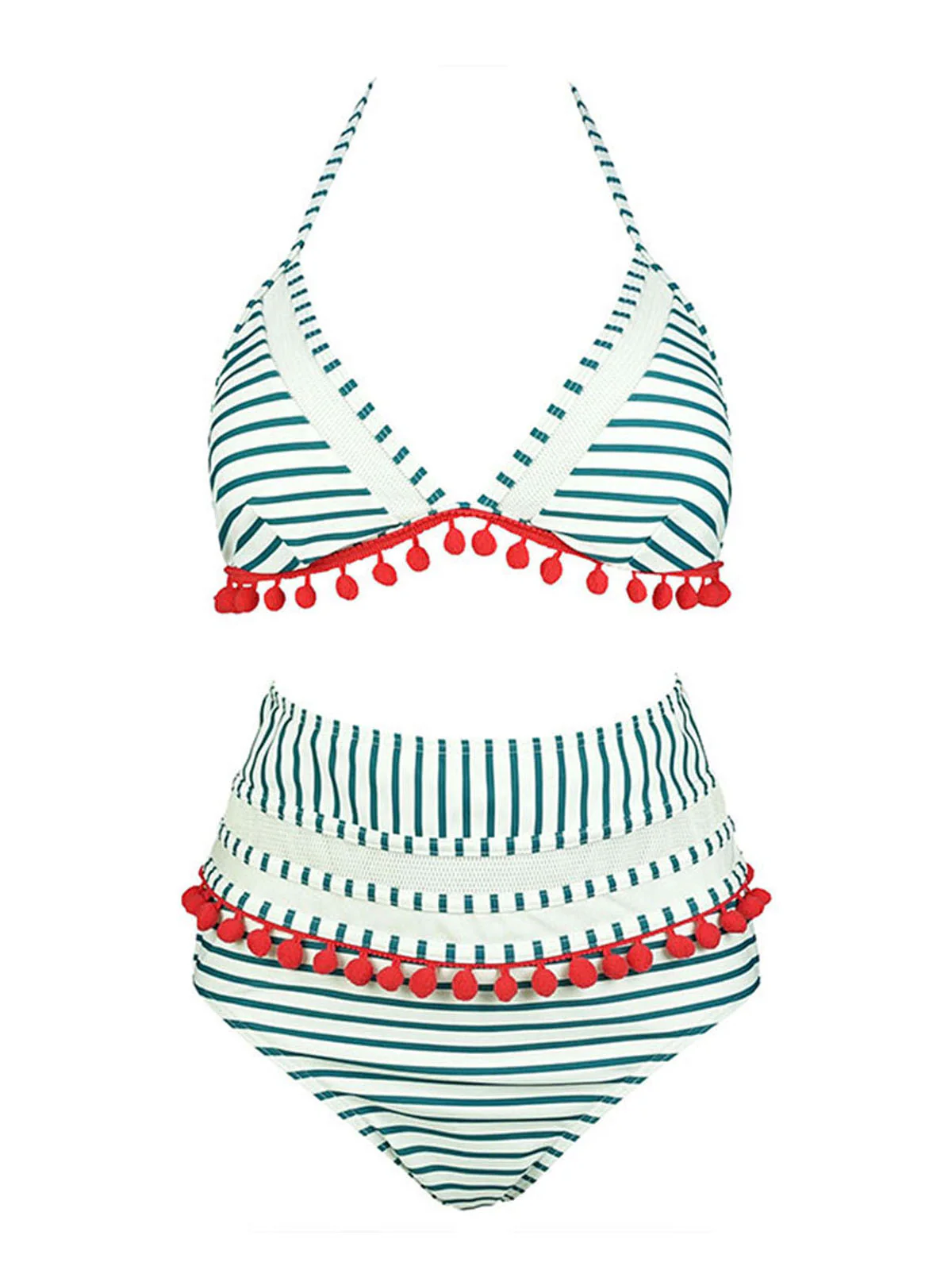 1970s Fur Ball Pendant Tassel Striped Swimsuit - Image 4