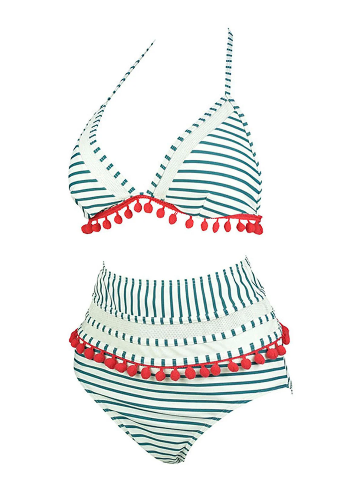 1970s Fur Ball Pendant Tassel Striped Swimsuit - Image 5
