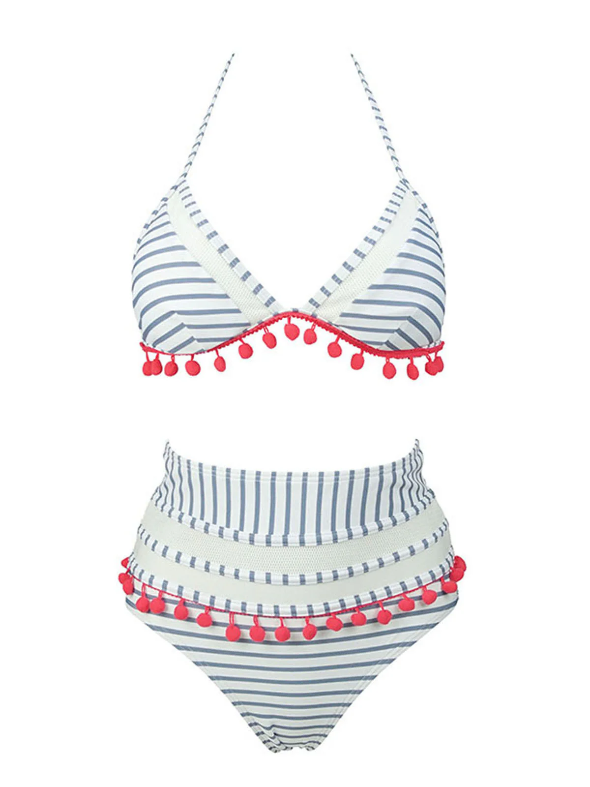 1970s Fur Ball Pendant Tassel Striped Swimsuit - Image 7