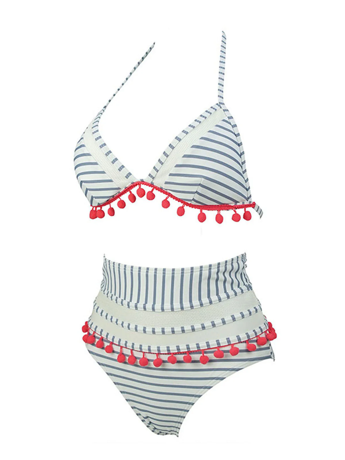 1970s Fur Ball Pendant Tassel Striped Swimsuit - Image 8