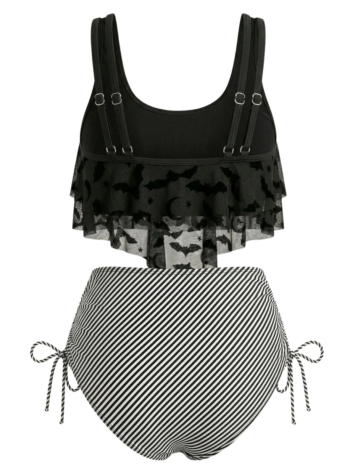 1970s Gothic Mesh Striped Bat Print Tankini Set - Image 2