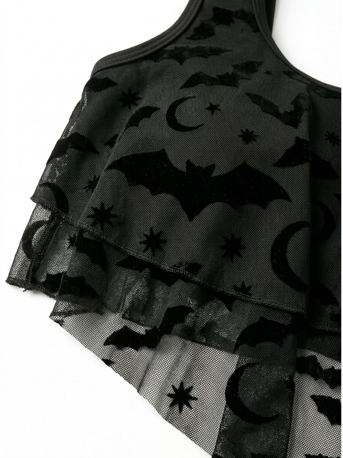 1970s Gothic Mesh Striped Bat Print Tankini Set - Image 3