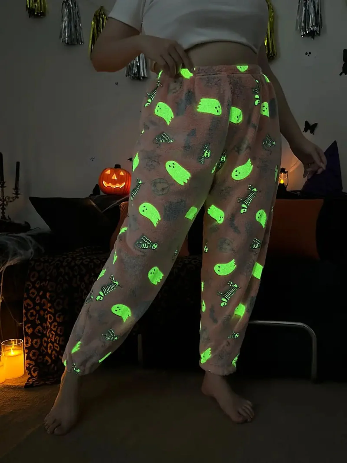 1970s Halloween Glowing Pumpkin Ghost Pajama Pants - Image 2