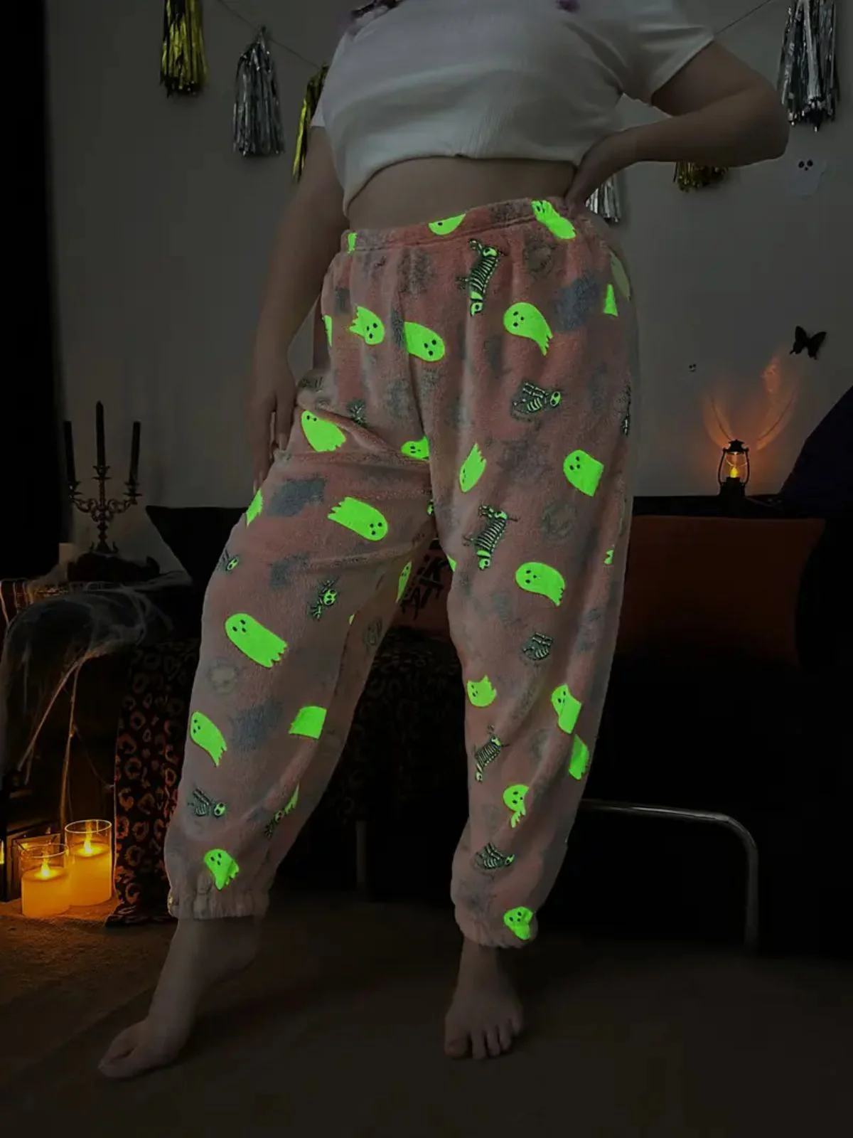 1970s Halloween Glowing Pumpkin Ghost Pajama Pants - Image 3