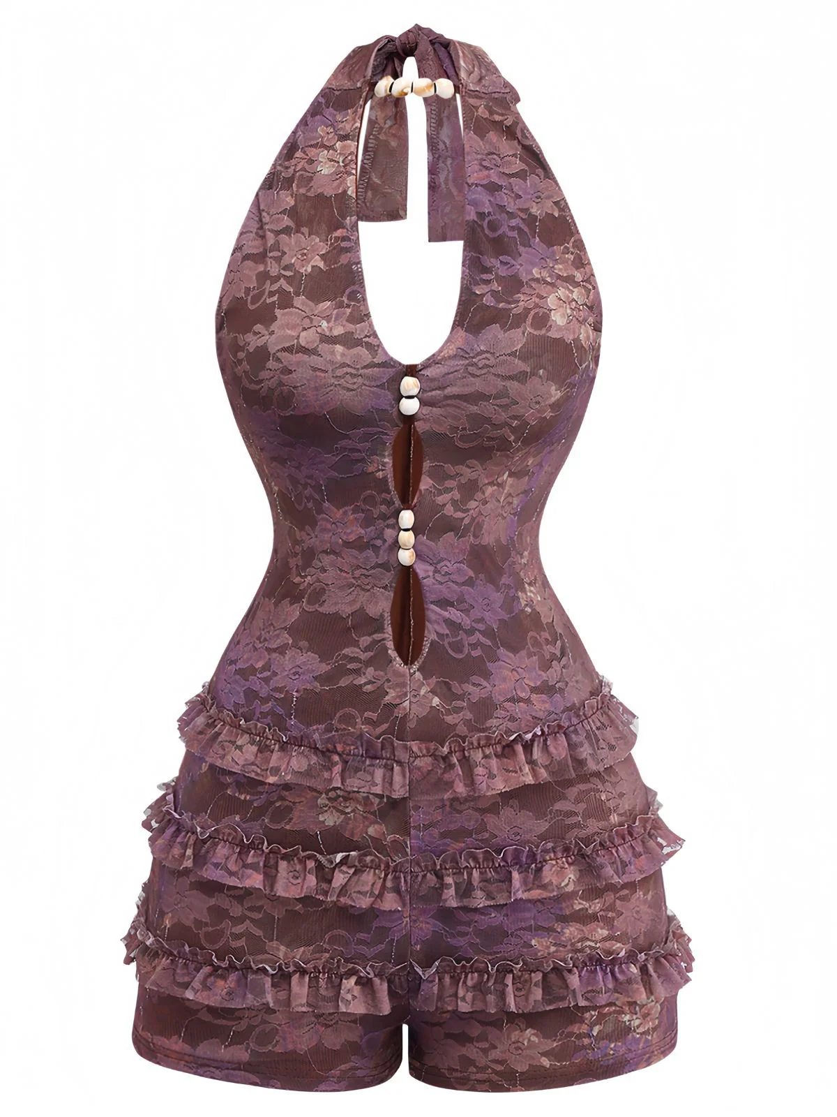 Y2k Halter Floral Tiered Ruffle Beaded Romper - Image 2
