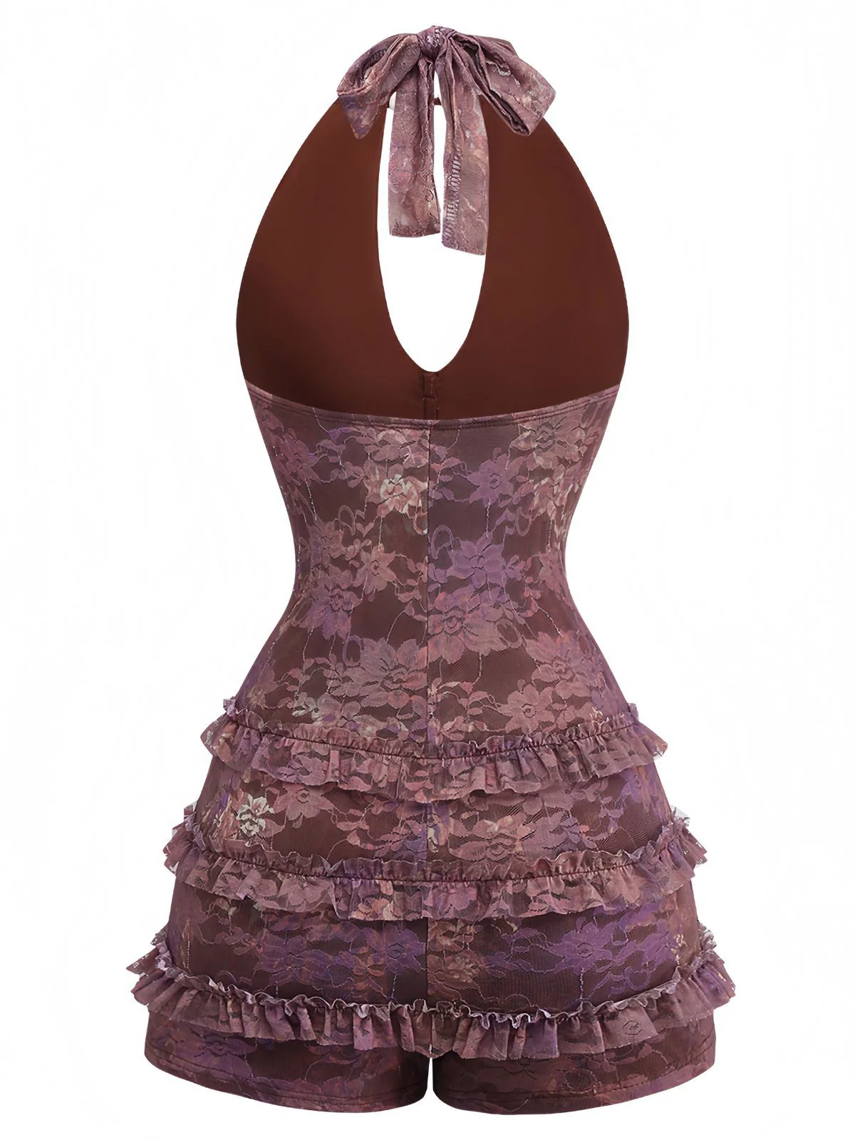 Y2k Halter Floral Tiered Ruffle Beaded Romper - Image 3