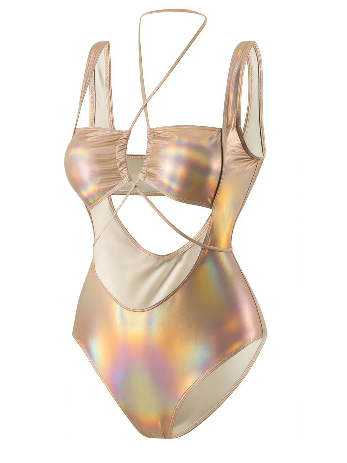 1970s Halter Cut-Out Metallic One-Piece Swimsuit - Image 2