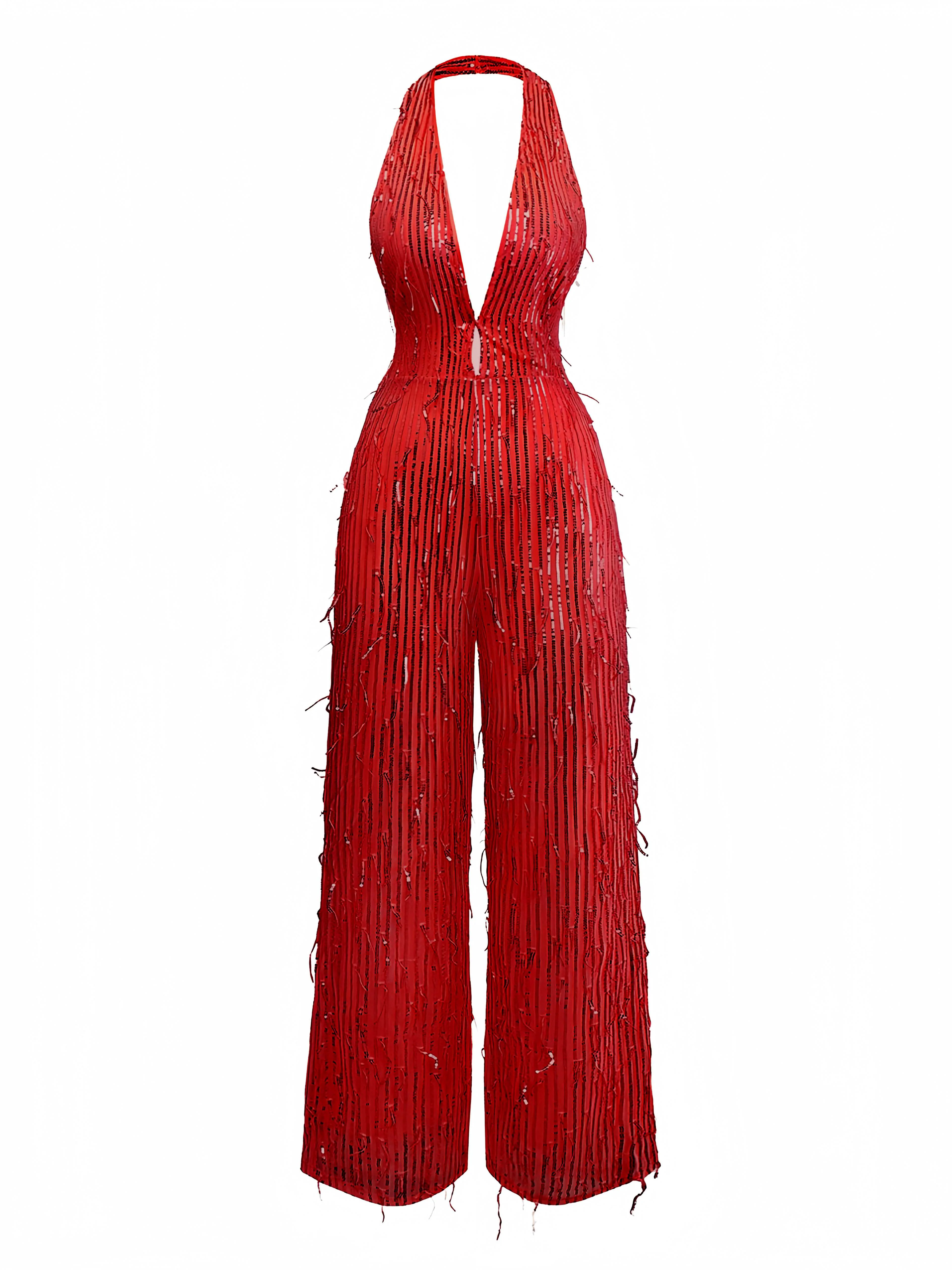 1970s Halter Deep V-Neck Sequin Fringe Jumpsuit - Image 7