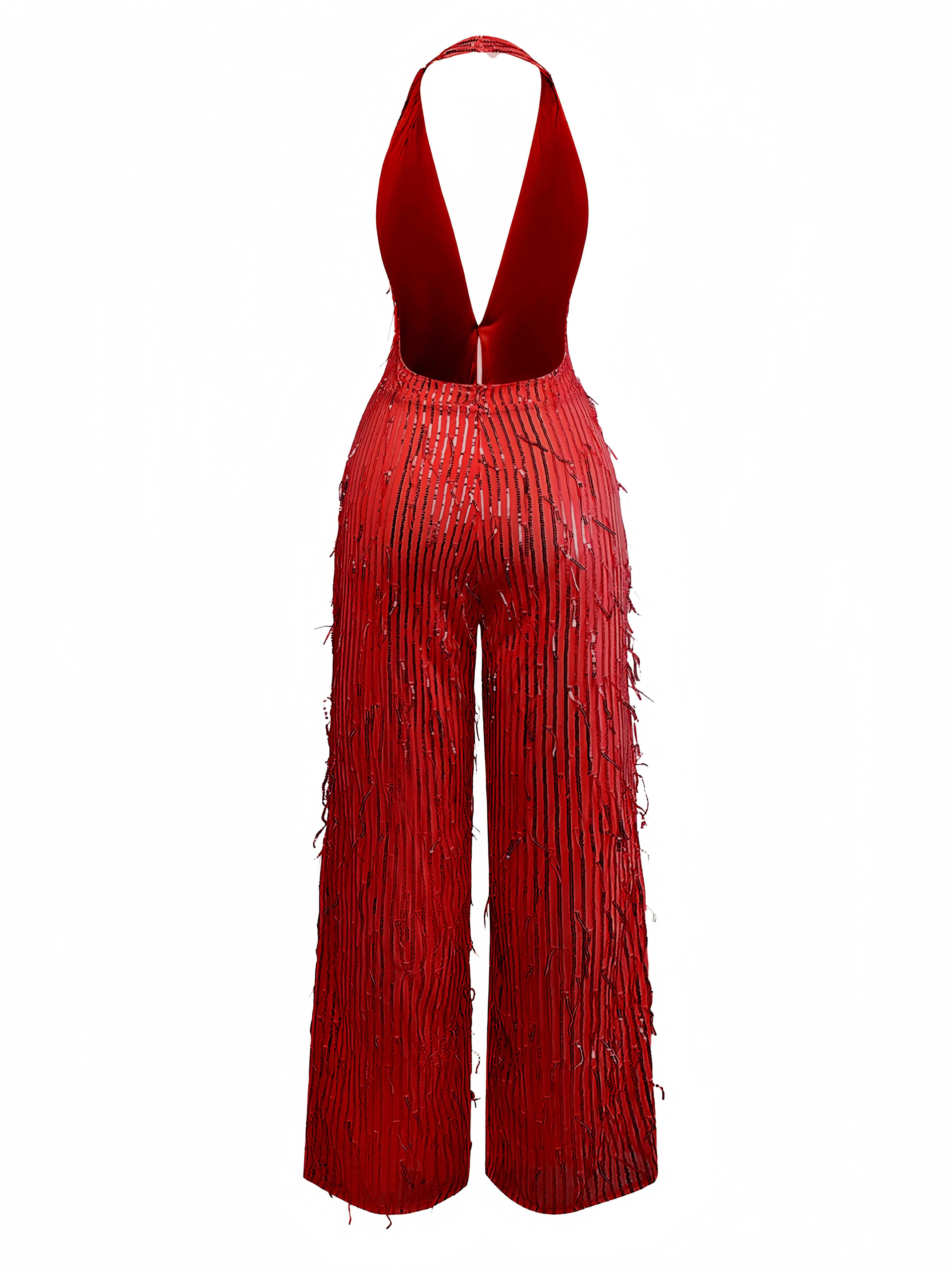 1970s Halter Deep V-Neck Sequin Fringe Jumpsuit - Image 8