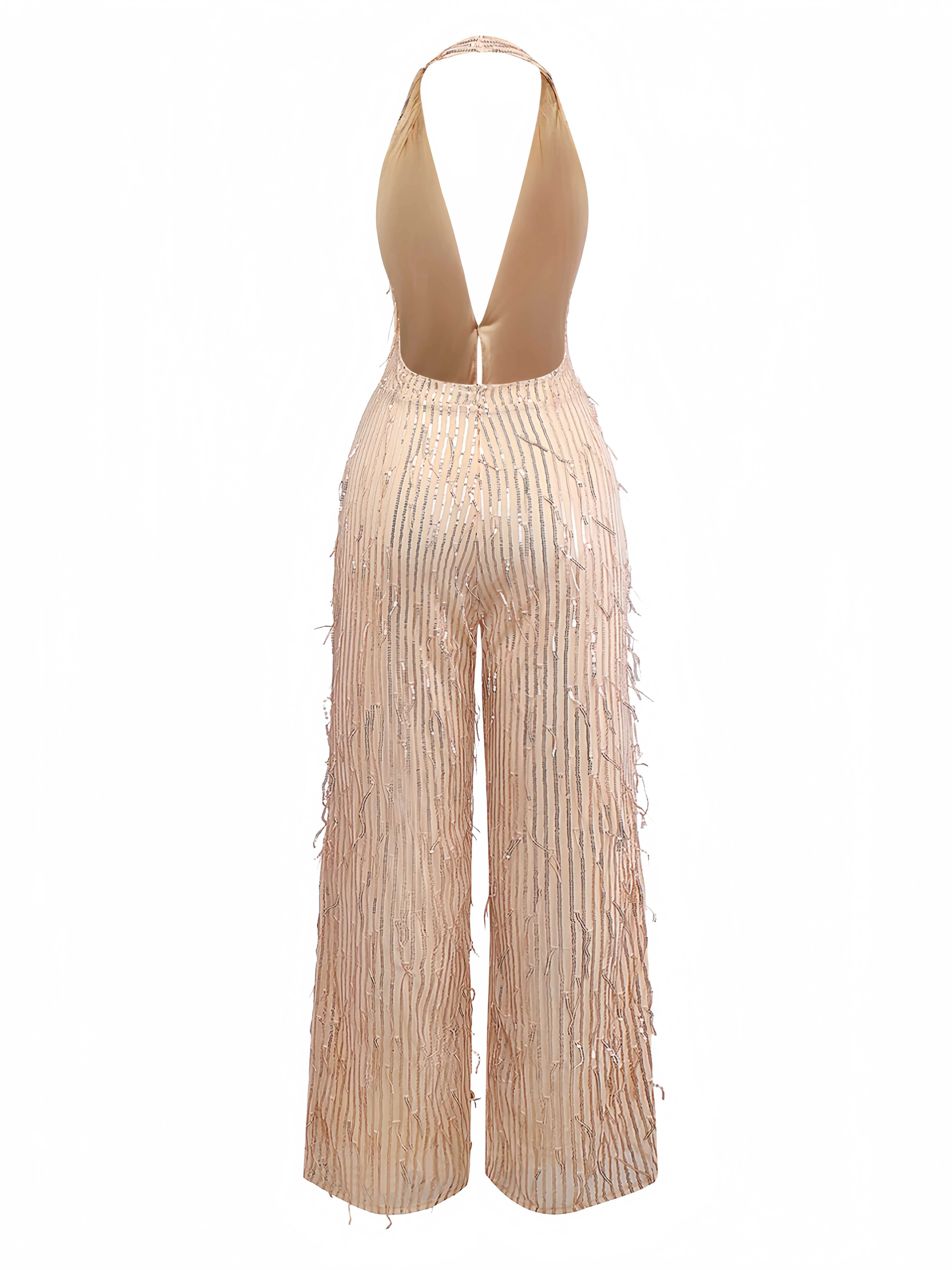 1970s Halter Deep V-Neck Sequin Fringe Jumpsuit - Image 3
