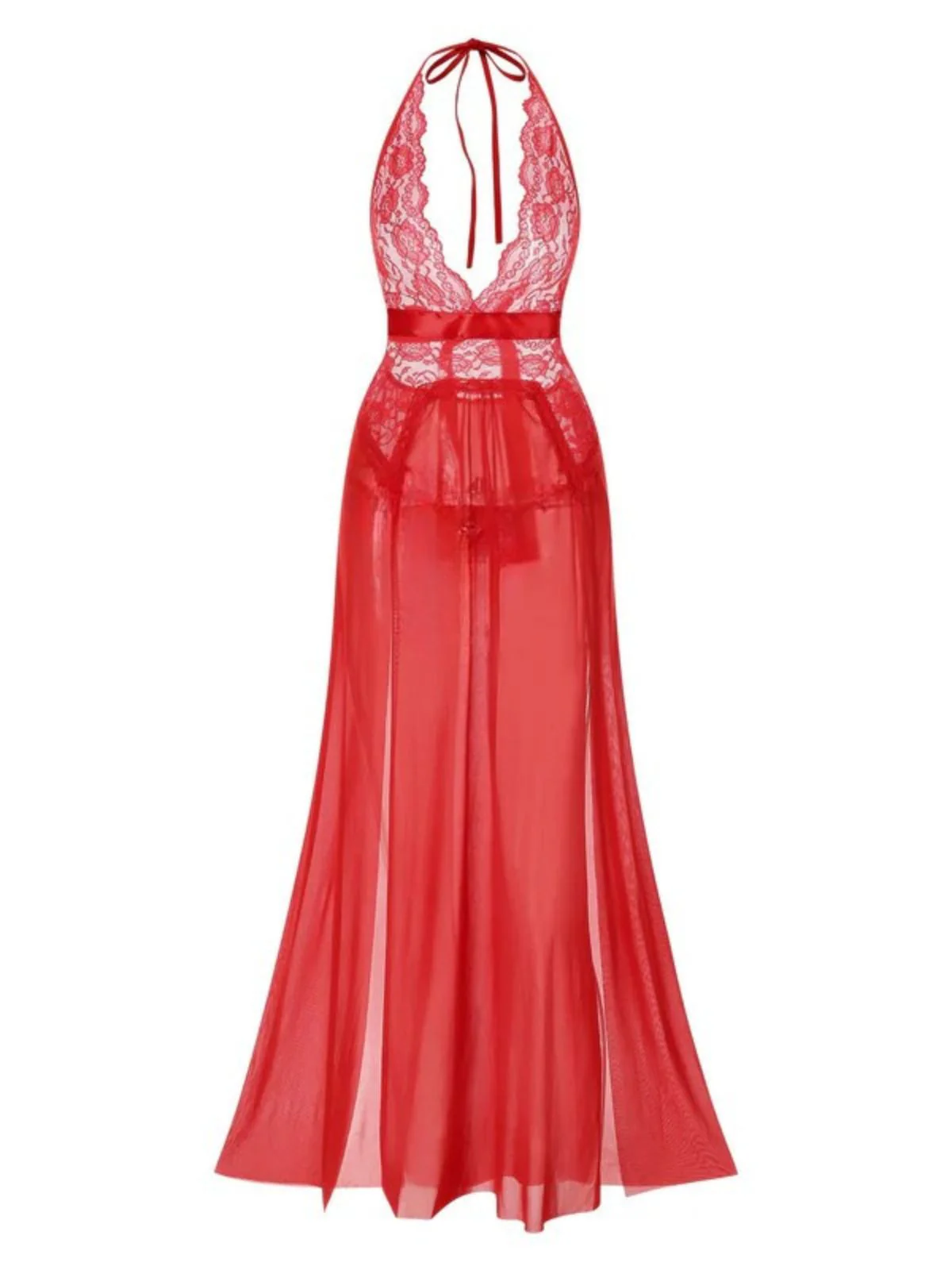 1970s Halter Sheer Lace Slit Long Nightgown - Image 10