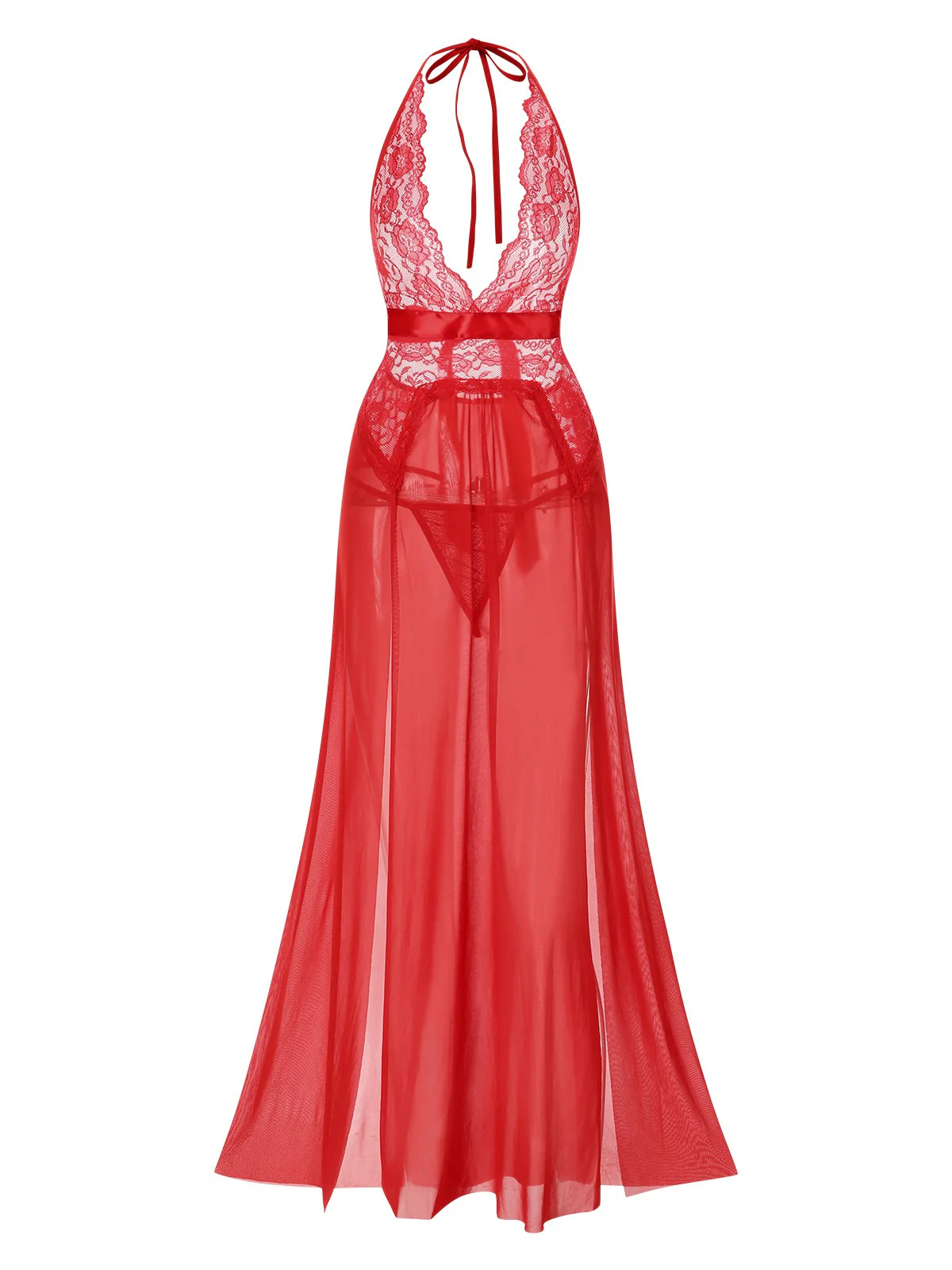 1970s Halter Sheer Lace Slit Long Nightgown - Image 11