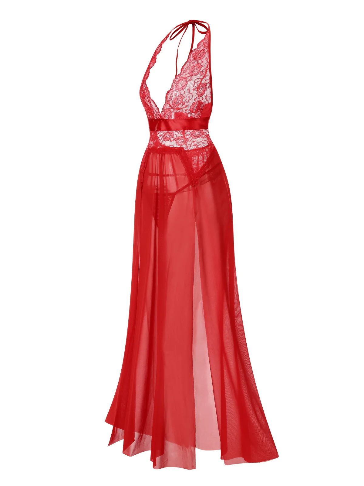 1970s Halter Sheer Lace Slit Long Nightgown - Image 12