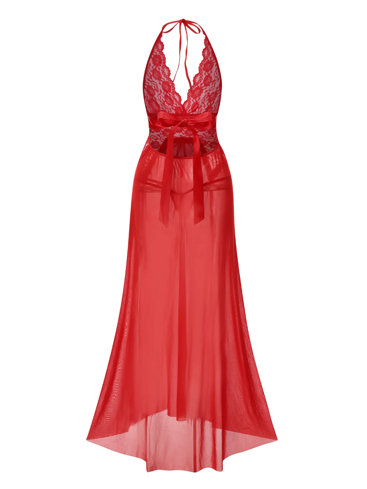 1970s Halter Sheer Lace Slit Long Nightgown - Image 13