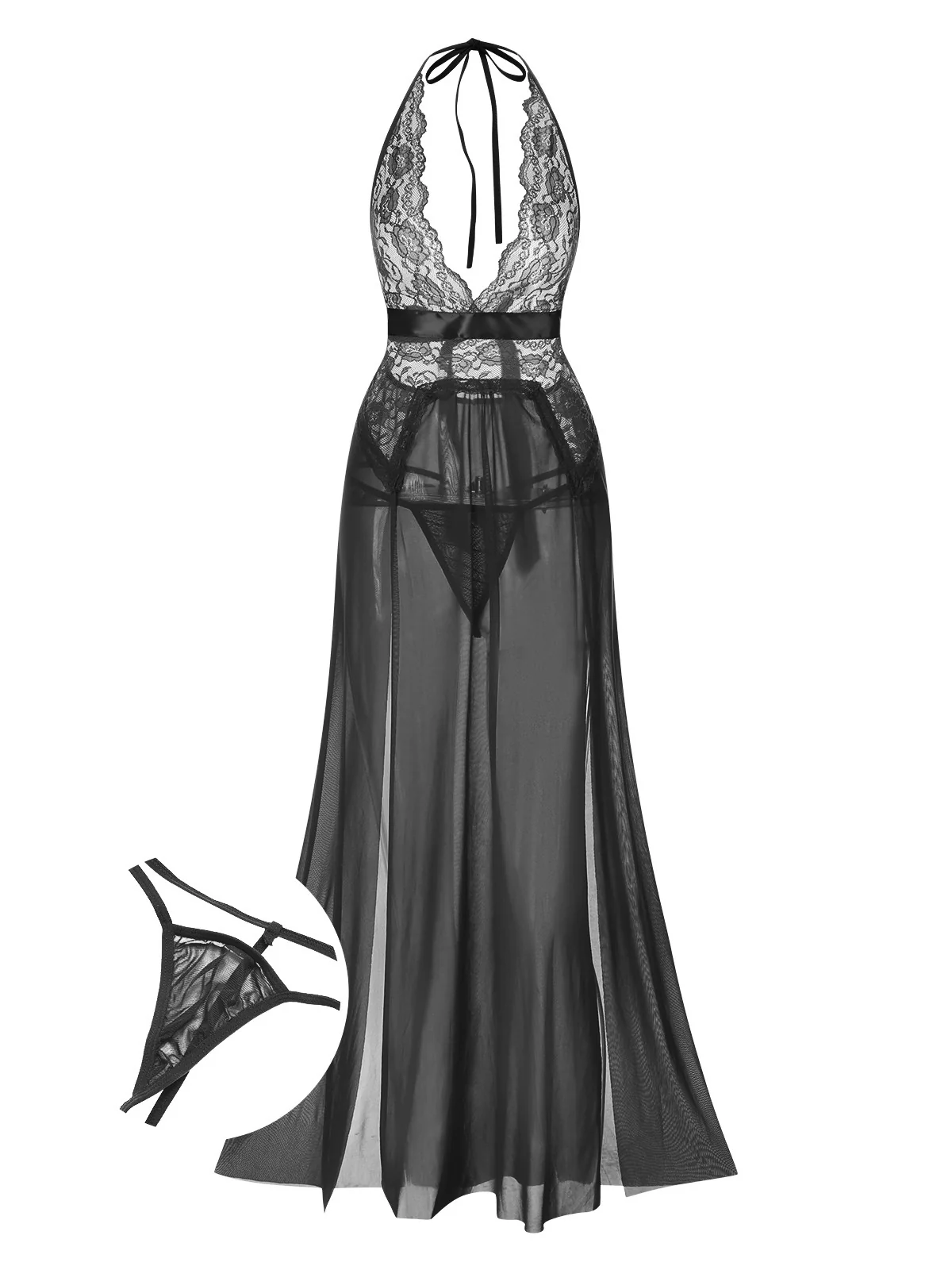 1970s Halter Sheer Lace Slit Long Nightgown - Image 14