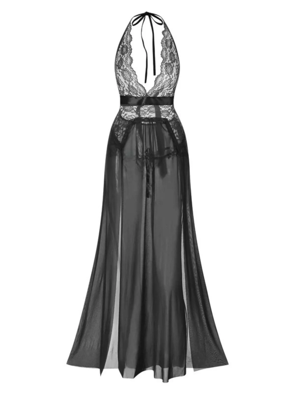 1970s Halter Sheer Lace Slit Long Nightgown - Image 15