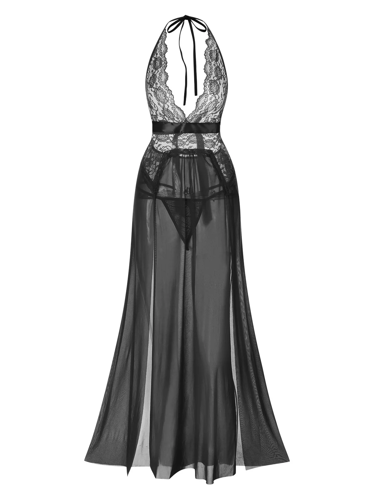 1970s Halter Sheer Lace Slit Long Nightgown - Image 16